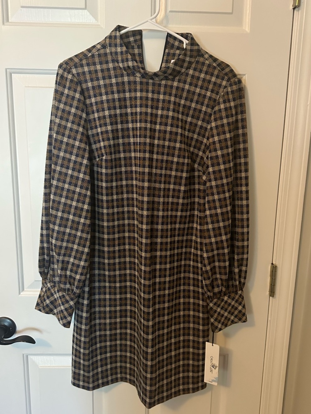 Calvin Klein new Plaid Long Sleeve Shift Dress in Navy brown and gold